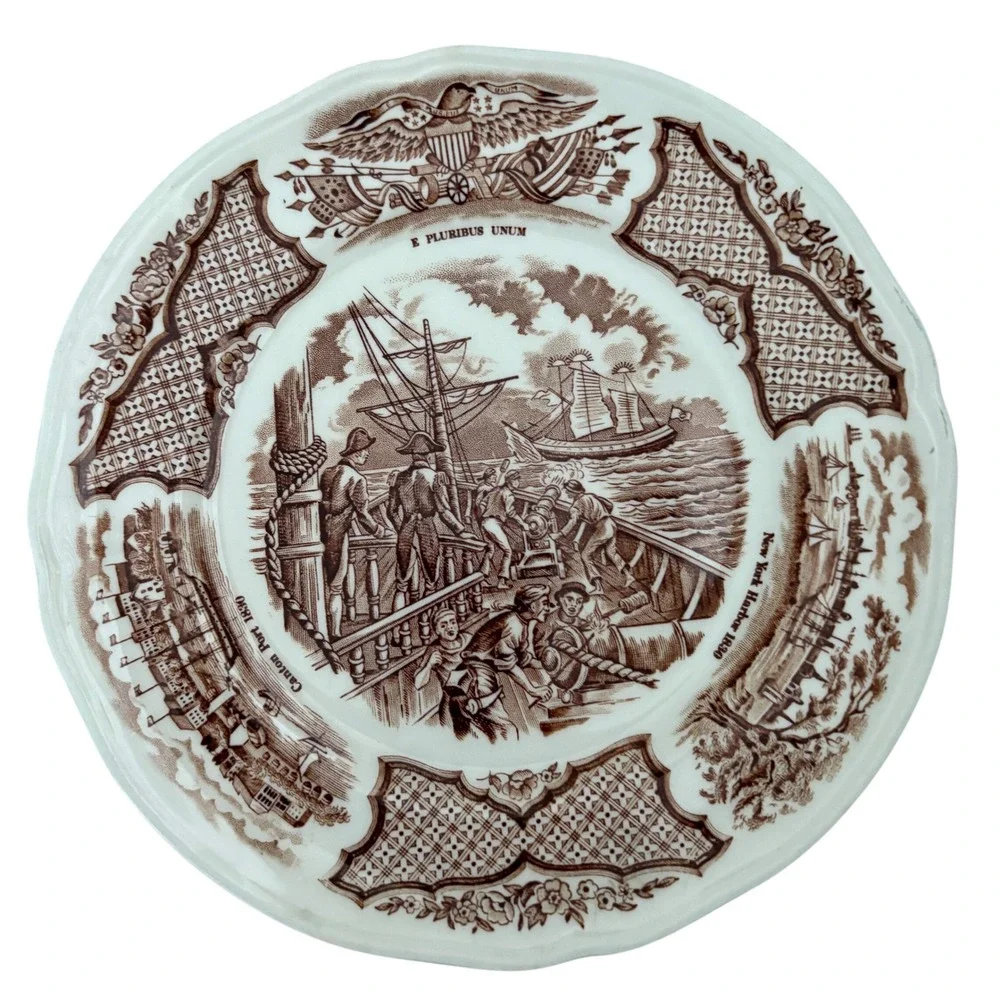 Alfred Meakin Fair Winds Brown‎ Transferware Bread Plate USS Constitution 6.25in